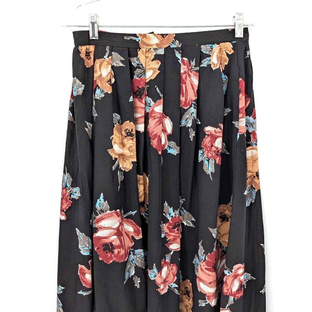 Vintage Floral Midi Skirt‎ Black Rayon Pleated Size 12 USA Made Cottage Boho - Picture 5 of 9